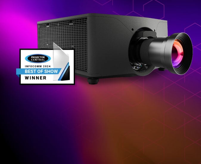 An M 4K15 RGB projector with a Projector Central award logo in the corner