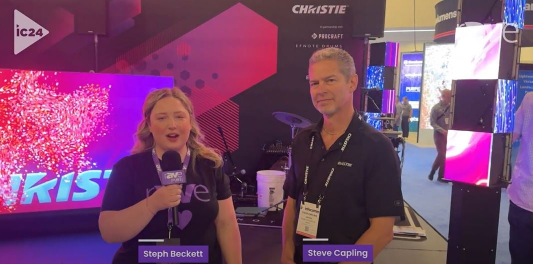 Video thumbnail: Two people conducting an interview in front of Christie's booth at InfoComm