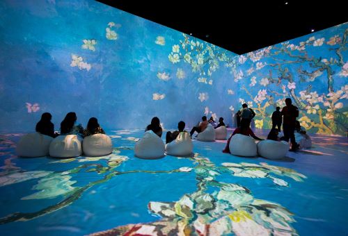 People sitting on white beanbag chairs on the floor of a room where a projection of white flowers on a blue background is mapped across the room and floor.