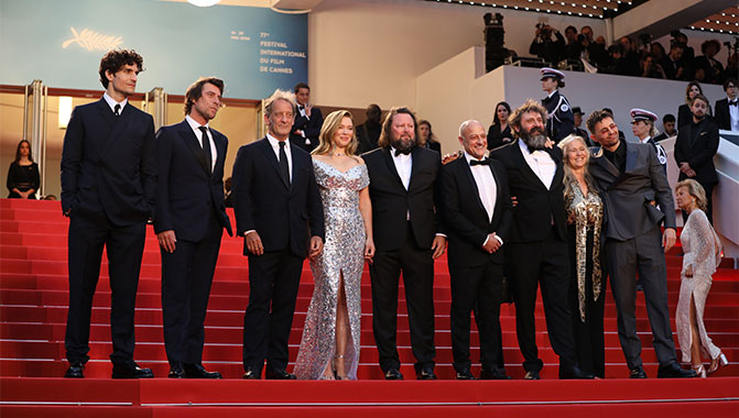 The cast of The Second Act (Le Deuxième Acte) on the Cannes red carpet. Photo credit: Mathilde Petit