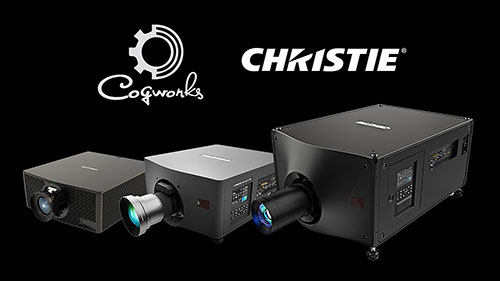 Three projectors lined up side-by-side against black background, with two logos above them.