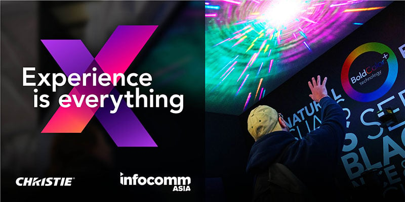 Image with the words "Experience is everything" set over a large X, with a separate image showing an interactive ceiling projection.