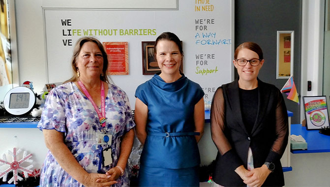 From left: Angela O’Connor, Program Manager, Life Without Barriers; Olga Aleksan, Senior Regional Sales Manager for Australia and New Zealand; Peta-Maree Strathie, Operations Manager, Ipswich Region, Life Without Barriers. 