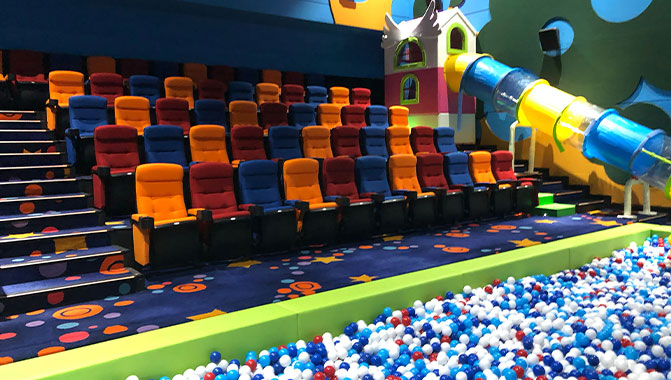 The children's auditorium at Beijing CBD Wanda Cinema with a large ball pit for young patrons to enjoy during the show.