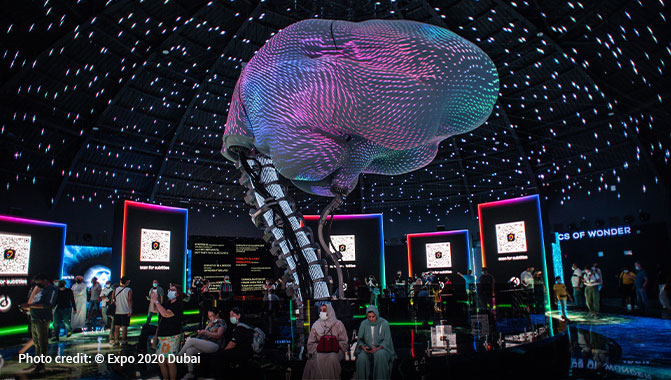 Visitors to the Russia Pavilion at Expo 2020