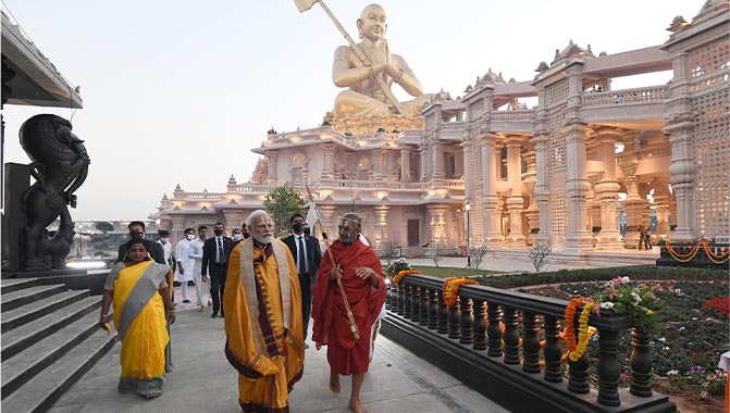 Indian Prime Minister Narendra Modi (in golden robes) at the inauguration ceremony.