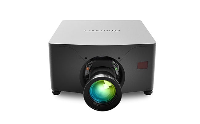A high, front image of the Christie M 4K25 RGB pure laser projector. 